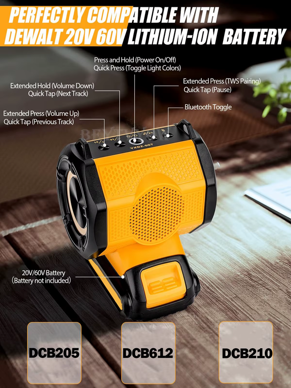 Bluetooth Speaker for Dewalt 20v 60v Battery With USB-A/C ports RGB Light 30W Co