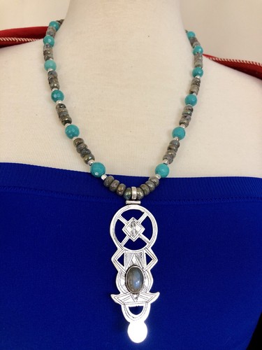 Turquoise and labradorite Tuareg Berber bohemian necklace.