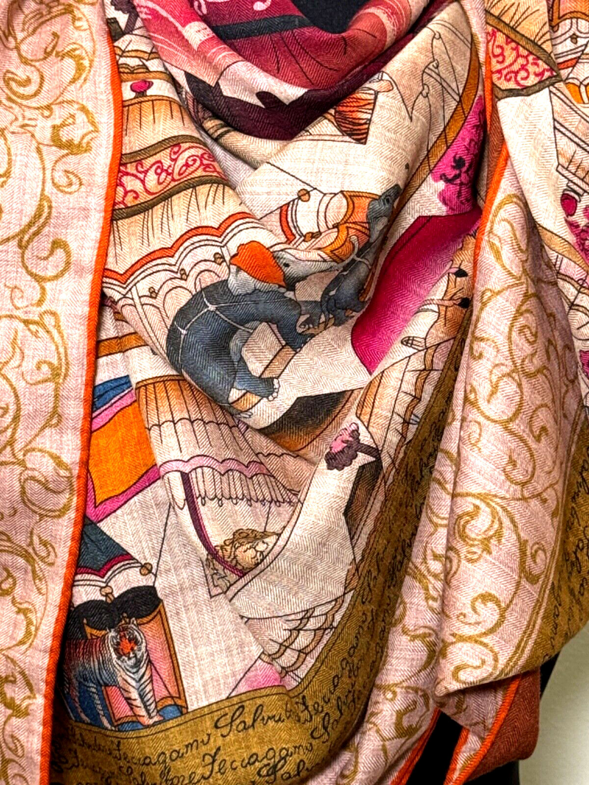 Cashmere & Silk Shawl Scarf with Circus Theme in Soft Challis A355