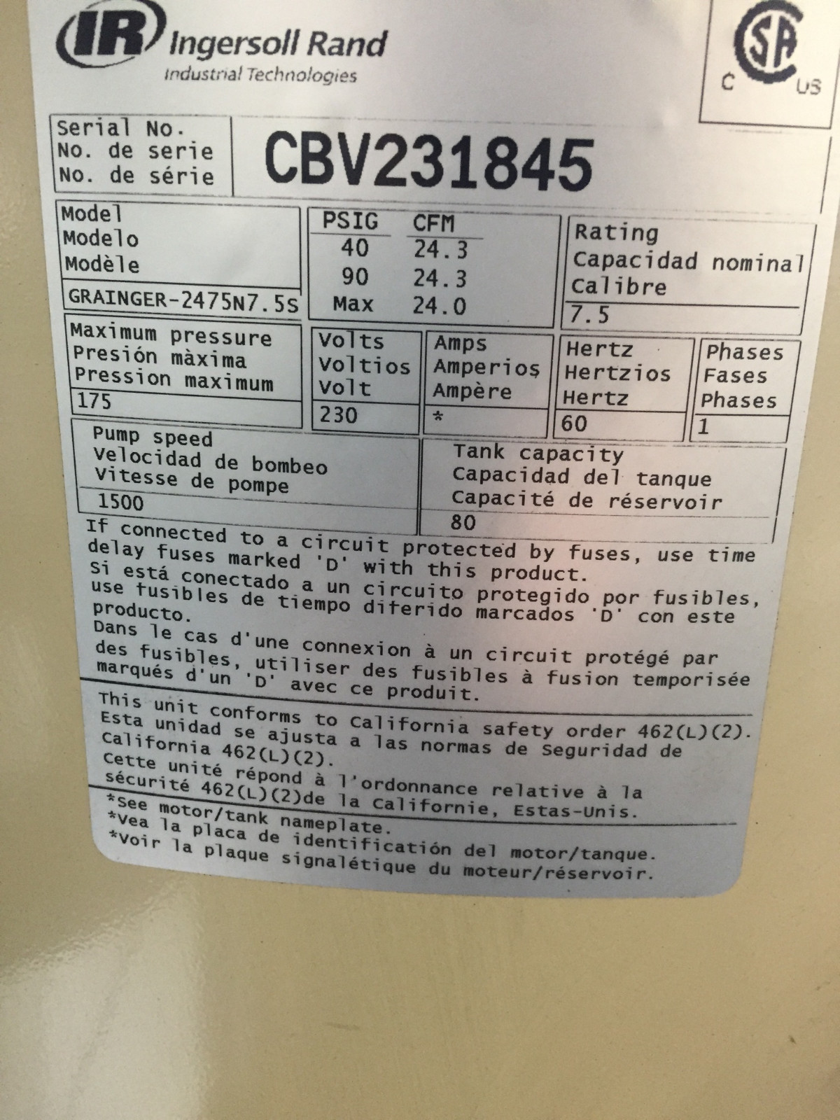 INGERSOLL RAND Electric Air Compressor 24 cfm, 2475N 7.5 HP  Vertical 80 Gallon