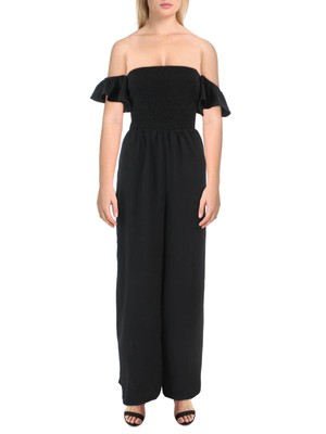 

Женский черный комбинезон с широкими штанинами RILEY-RAE без застежек с развевающимися рукавами и открытыми плечами