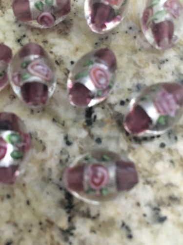 LAMPWORK Glass BEADS Purple with Pink Flower, Oval EASTER EGG 16mm, 10 pieces