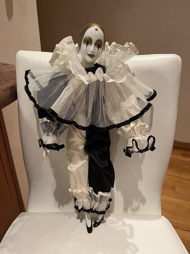 Vintage Pierrot Harlequin Jester Clown Porcelain & Satin Doll, Approx. 16” Tall