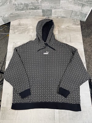 Puma Mens XXL Pullover Fleece Monogram All Over Print Cotton Hoodie Mens Black