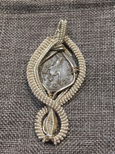 Ancient Silver Coin Wire Wrap Pendant w/ Citrine Crystal