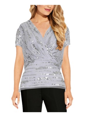 

ADRIANNA PAPELL Женский серый вечерний топ с короткими рукавами и баской на подкладке