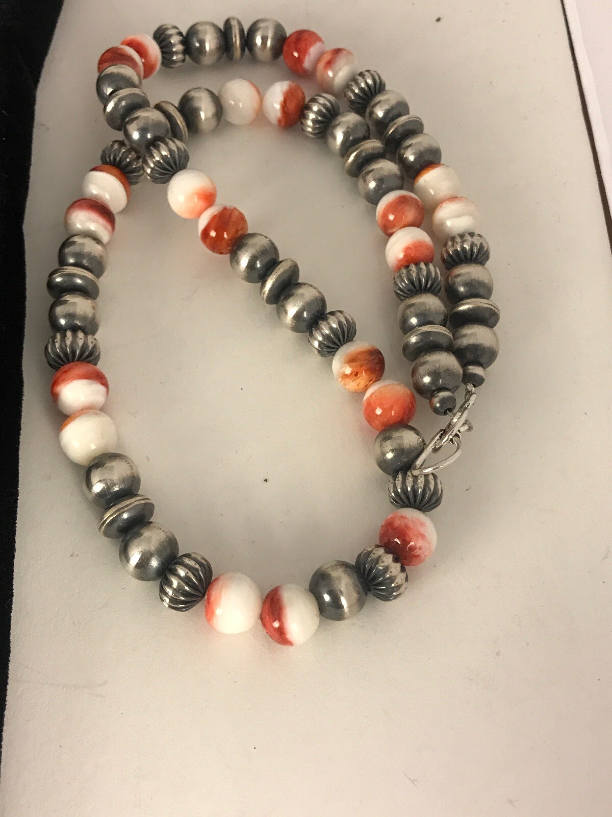 Pre-owned Handmade Spiny Oyster Navajo Sterling Silver Beads Necklace 21” 8533 In Orange