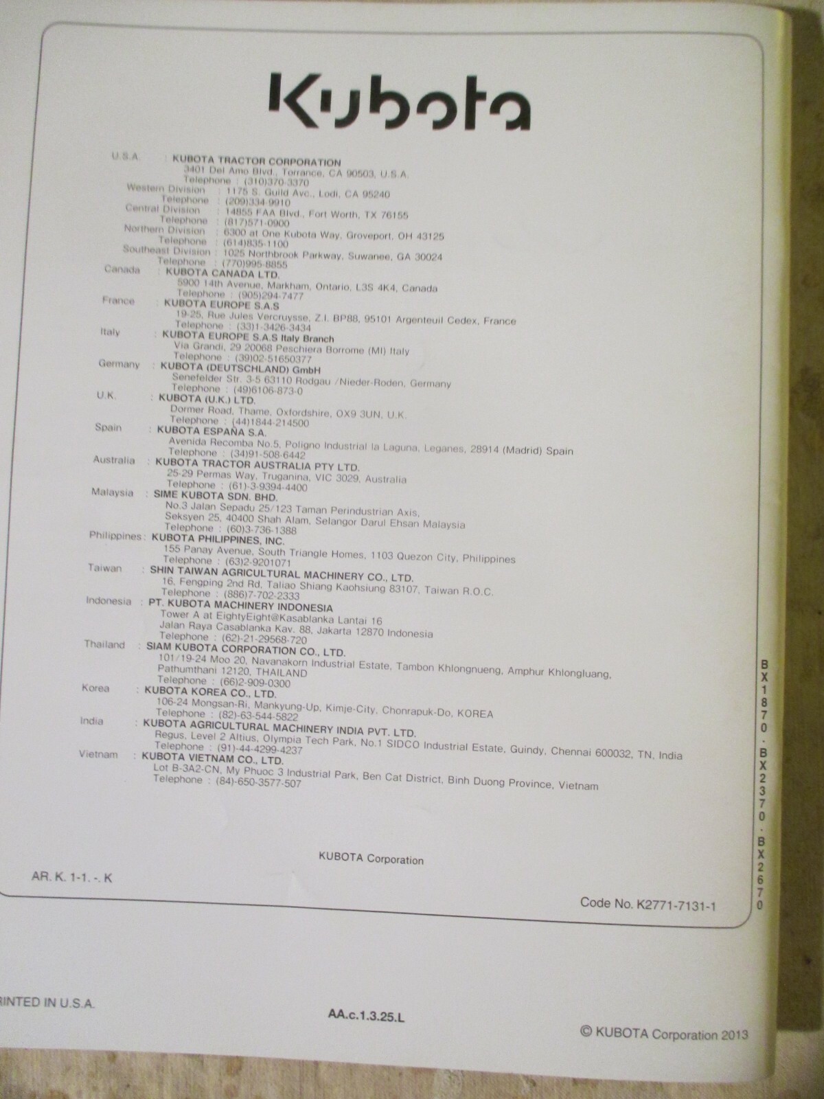 Kubota BX1870 BX2370 BX2670Operators Manual K2771-71311