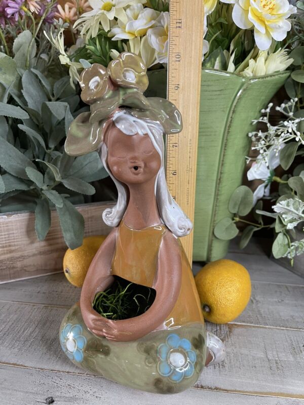 Vintage Flower Girl Vase~ Art Pottery Figural Sculpture~ Glazed Terracotta