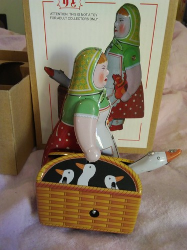 NRFB Reproduction Tin Toy Woman With Goose And Rooster