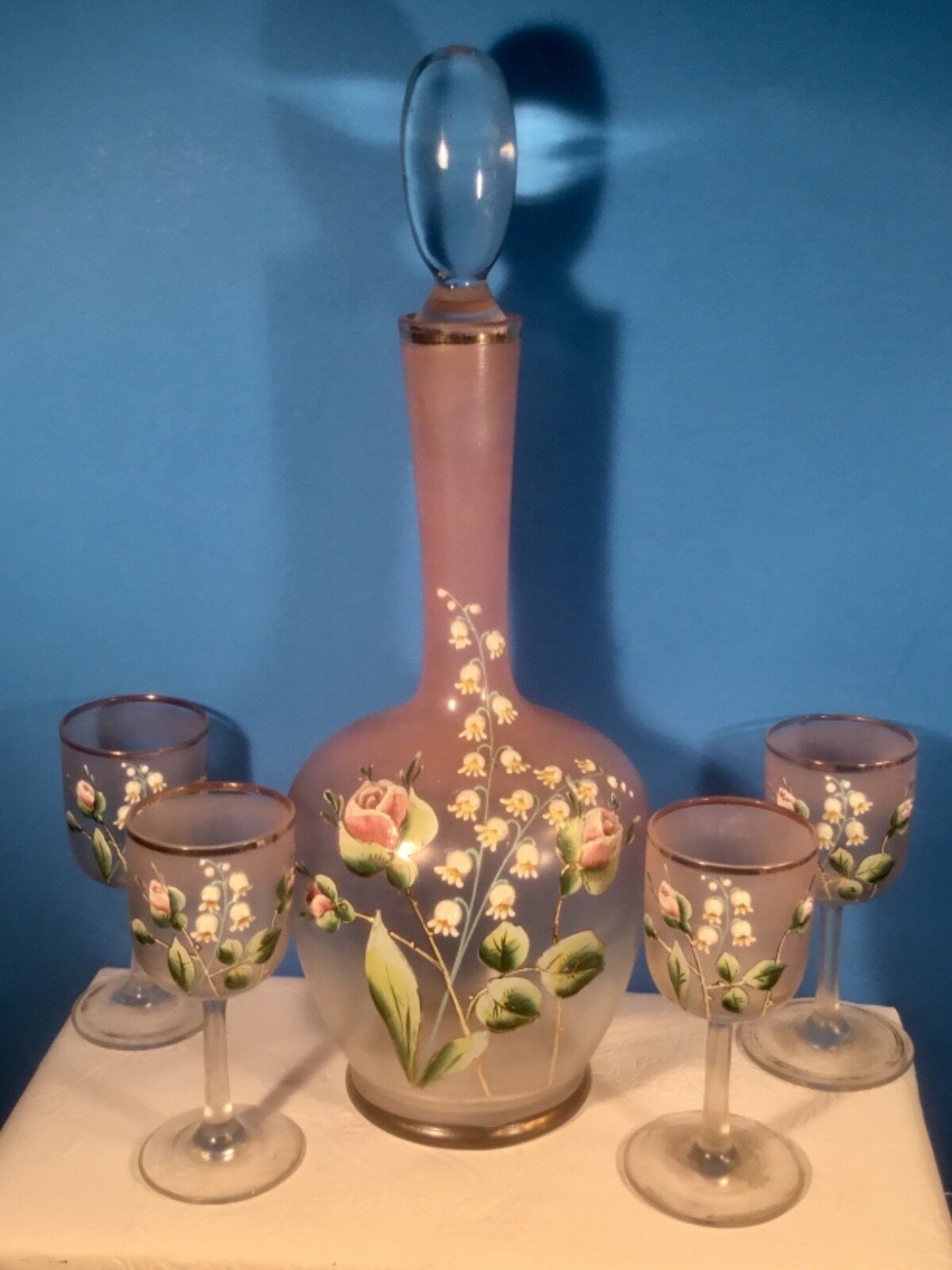 Antique French Decanter 4 Glasses Enameled Roses Lily of the Valley, gl78
