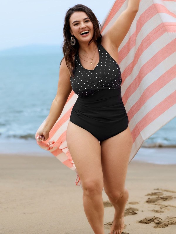 Plus Size 3x 22-24 Bloomchic Polka Dots Ruched One-Piece Swim  Swimsuit
