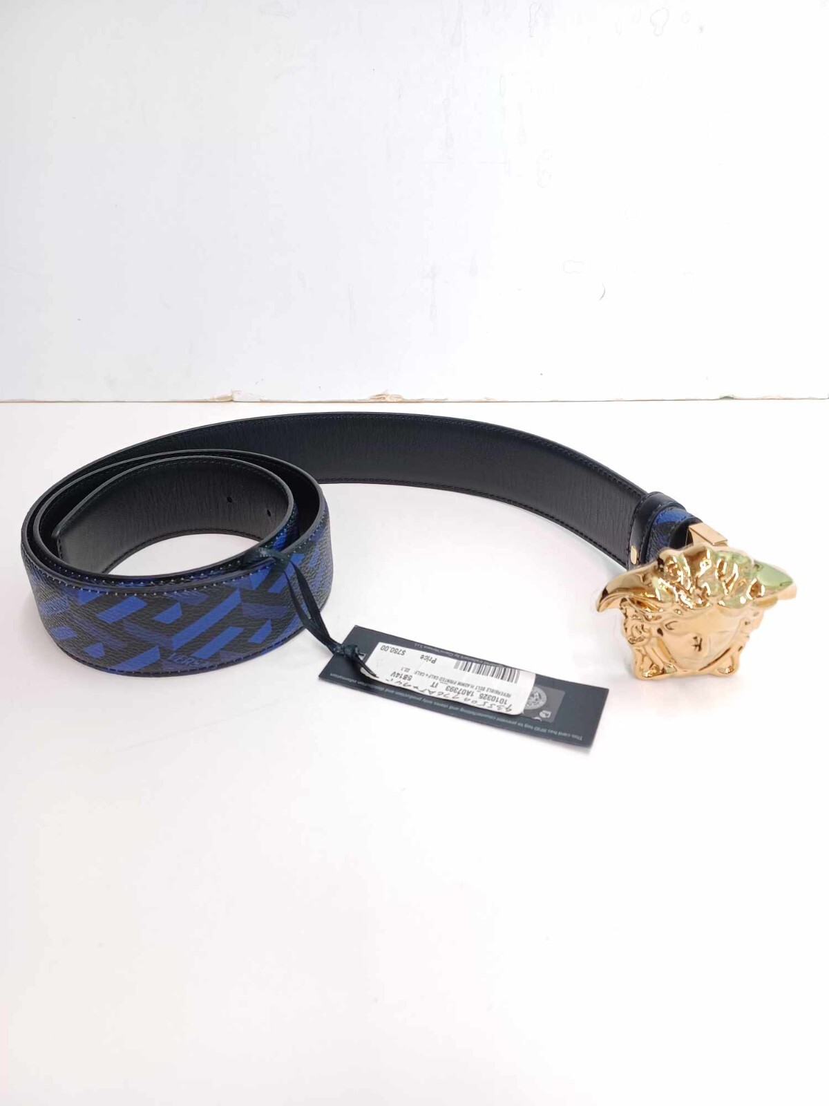 Pre-owned Versace Reversable Black And Blue Leather With Gold Buckle Belt