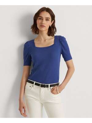 

LAUREN RALPH LAUREN Женский синий пуловер с изогнутым краем и короткими рукавами, топ