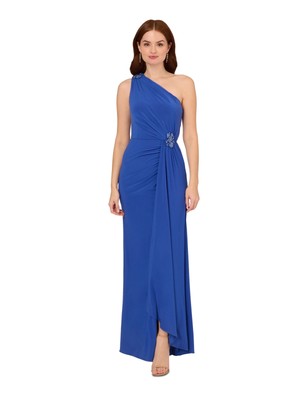 ADRIANNA PAPELL Womens Blue Shirred Draped Skirt Lined Sleeveless Gown Dress 14