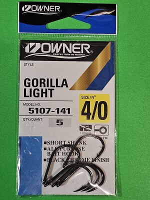 Owner Gorilla Light Fishing Hook - 4/0 Size, 5 Per Pack, Forged Shank, Black Chrome Finish - View #10
