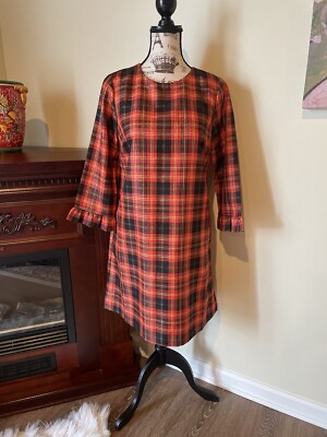 ~ Draper James Plaid Shift Dress ~ Red Black Gold Threading ~ XS