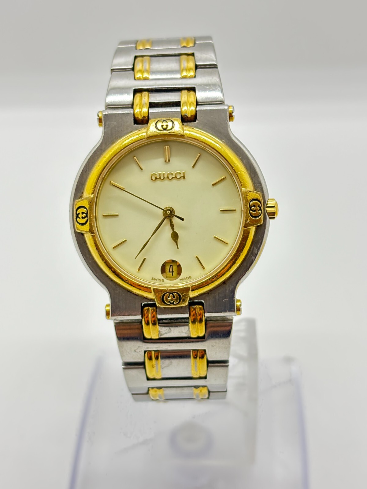 Exc+5] GUCCI 9000M White GOLD SILVER DATE Quartz VINTAGE Working