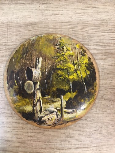 Wooded Scenery Painting on Wood Disc by Artist Abbott