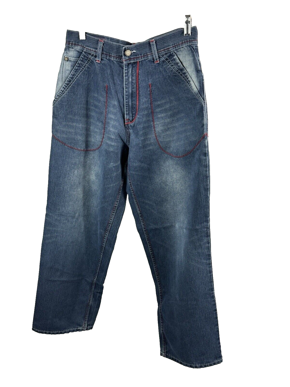 Jean Worx Men Signature Sport Wear Blue Faded Jeans w/Red Trim