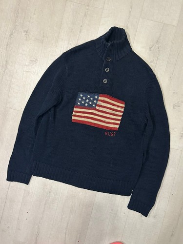 VTG POLO RALPH LAUREN RL 67 USA Flag LINEN Sweater VINTAGE