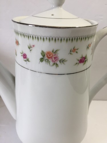 Abingdon By Japan Coffee/Tea Pot With Lid White Pink Floral Silver Trim