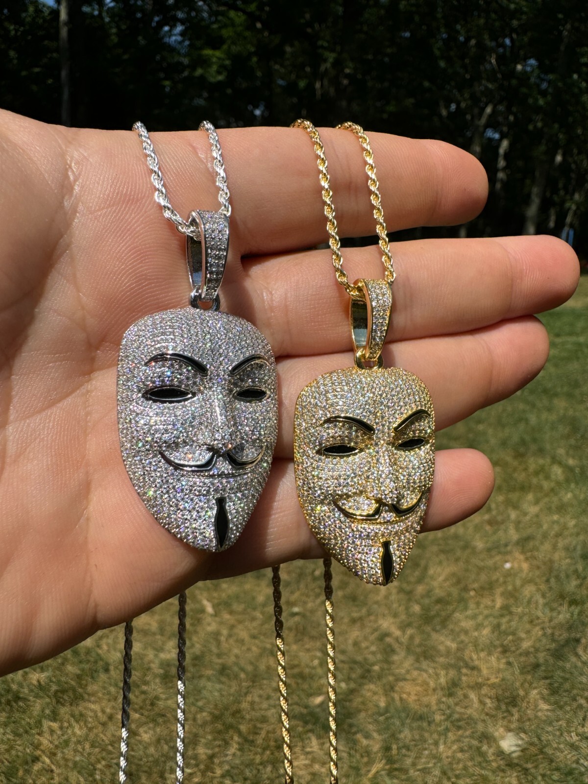 Pre-owned Hip Hop Real Moissanite V For Vendetta Mask Iced Anonymous Pendant Necklace 925 Silver In White