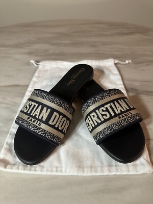 Christian Dior Dway Deep Blue Fabric Slides Sandals Shoes 37