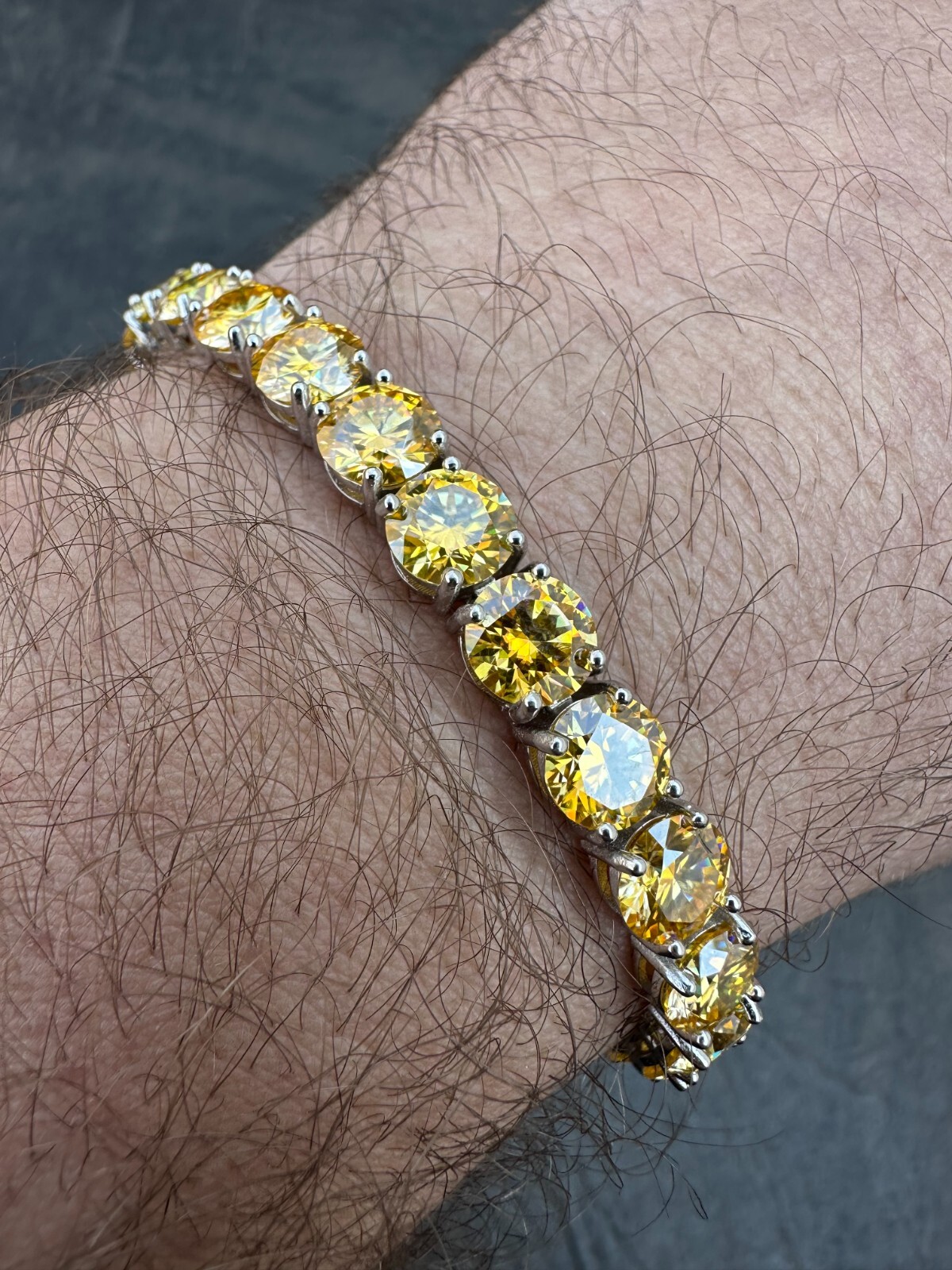 Pre-owned Silver Real Iced Canary Yellow Moissanite 7mm Tennis Bracelet 925  Diamond Tester