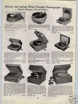 1940 PAPER AD Electric Spring Wind Up Crank Record Player Phonograph Portable