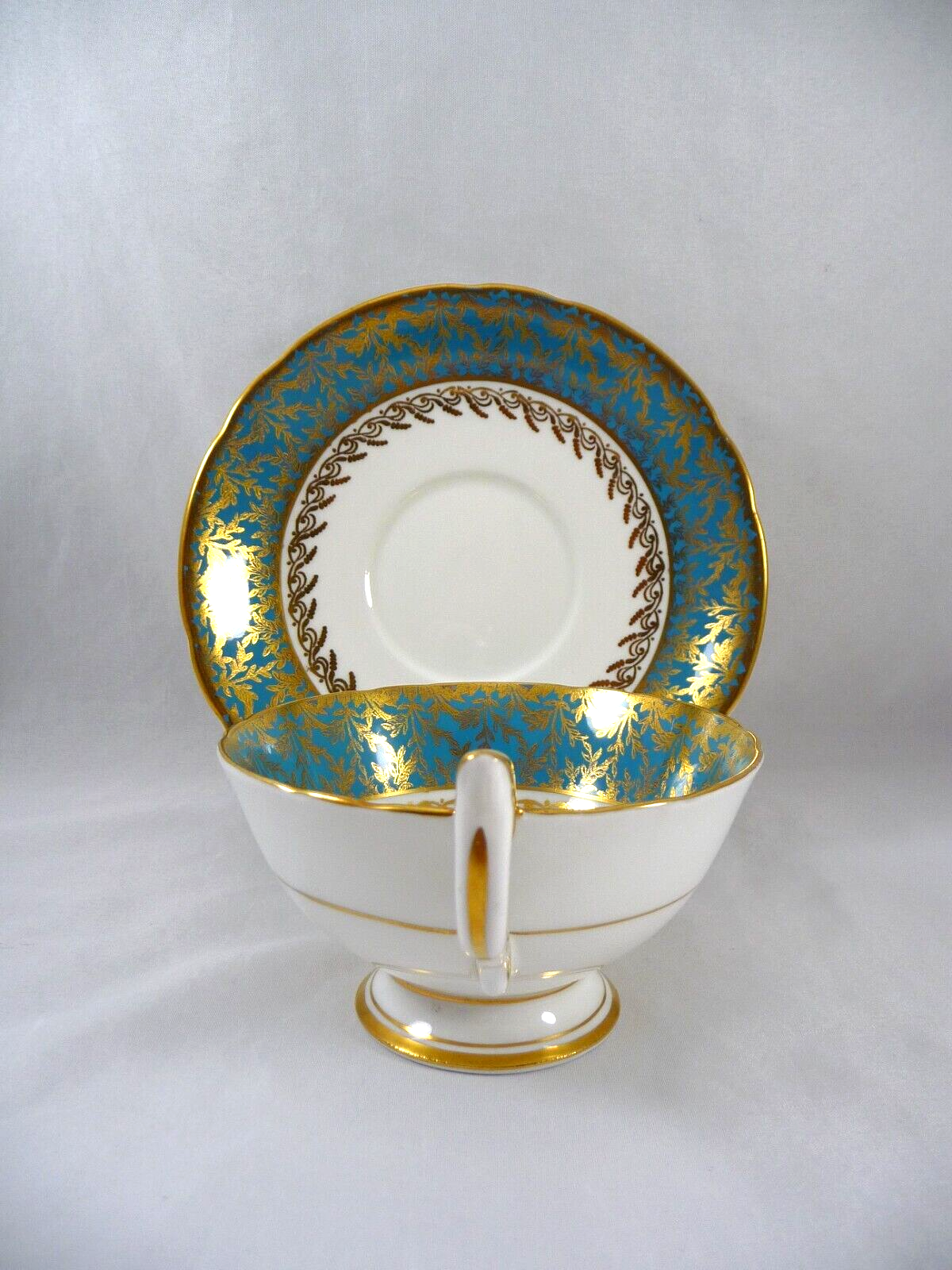 Aynsley Teacup & Saucer Gold Gilt Turquoise Border w/Rose Floral Bouquet England