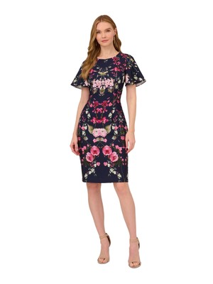 ADRIANNA PAPELL Womens Navy Lined Back Slit Hem Flutter Sleeve Sheath Dress 6