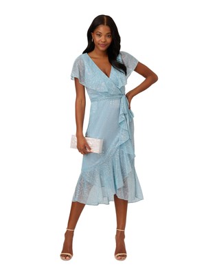 ADRIANNA PAPELL Womens Aqua Lined Belted Capelet Flutter Sleeve Midi Dress 12