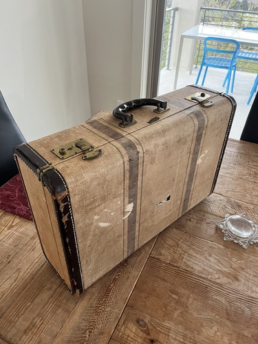 JC Higgins Vintage Striped Suitcase & Key Tweed Brass Hardwa