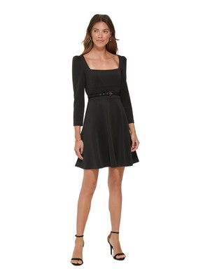 DKNY Womens Black Belted Unlined 3/4 Sleeve Above The Knee Fit + Flare Dress 6