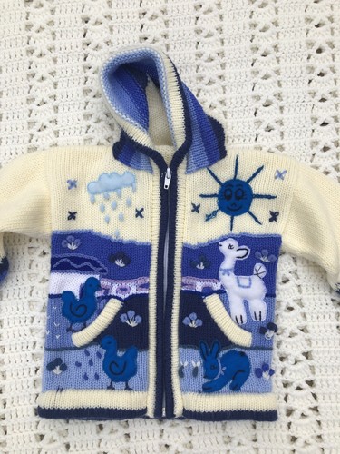 Peruvian Arpillera Sweater Jacket Blue & White Patchwork Embroidered Hoodie