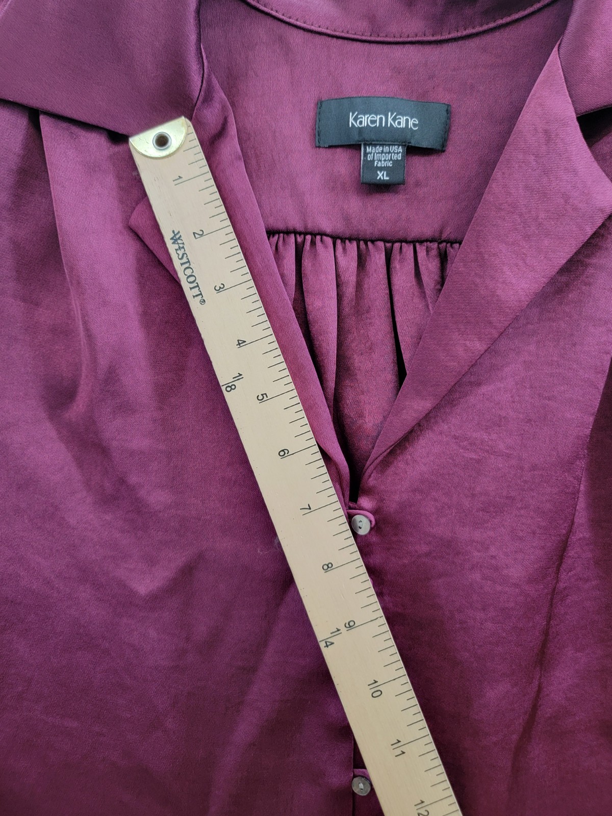 Karen Kane Shirred Blouse Womens XL Wine Solid Collared Long Sleeve Button Front - Picture 6 of 16