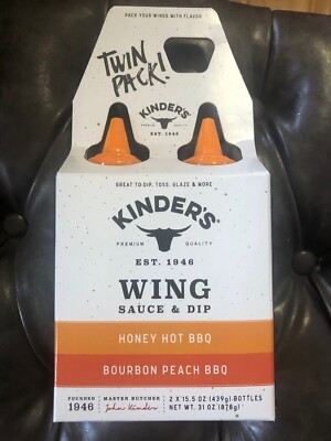 2 PKT Kinder's Wing Sauce & Dip Honey Hot BBQ & Bourbon Peach BBQ exp 11/2025