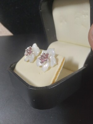 Lovely 14K Pink Tourmaline and Carved Mother of Pearl Floral Earrings