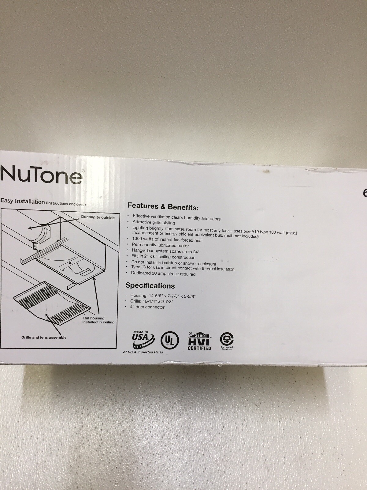 NUTONE 665RP 70 CFM Ceiling Exhaust Fan w/Light and 1300-Watt Heater