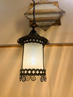 Antique Circa 1900 Hanging Metal Ceiling Light Pendant Fixture with White Glass Shade
