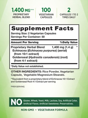 Echinacea Goldenseal 1400mg | 100 Capsules | Vegetarian | by Nature's Truth