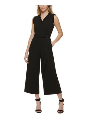 CALVIN KLEIN Womens Black Belted Wide Legg Cap Sleeve Party Cropped Jumpsuit 4