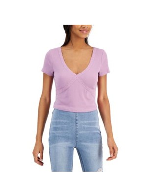 

Женский фиолетовый кружевной топ в рубчик с коротким рукавом и V-образным вырезом HIPPIE ROSE для юниоров