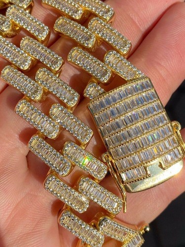 Pre-owned Silver 18mm Baguette Prong Cuban Chain 14k Gold Plated Solid 925  Heavy Hiphop Cz