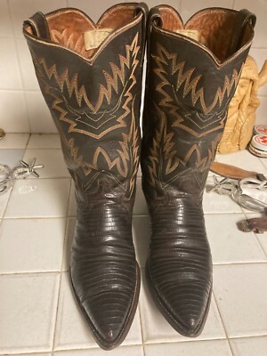 USA JUSTIN VINTAGE BROWN LIZARD &LEATHER WESTERN ROCKABILLY COWBOY BOOTS 10 D