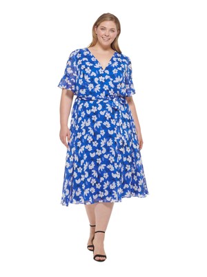 DKNY Женское синее платье миди с завязками и поясом на подкладке с короткими рукавами и искусственным запахом Плюс 22W