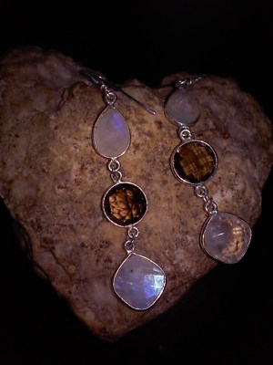 Moonstone & Smoky Quartz REAL 925 Sterling Silver Dangle Pierced Earrings - 5.8g