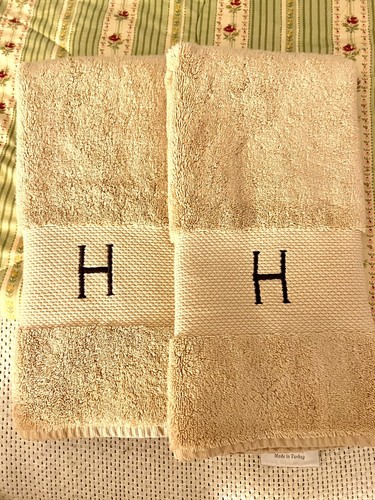 Monogrammed Hand Towels, Letter H Embroidered Gift Tan Beige FRONTGATE