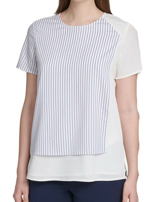 

Женский белый топ в полоску с короткими рукавами и круглым вырезом DKNY